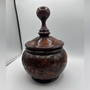 Vintage Carved Wood Decorative Round Lid Multi Tone Purpose Tobacco Box MCM